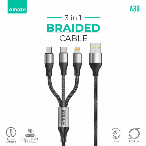 AMAZE A30 3-in-1 USB Cable 3.5A Micro USB Type-C Lightning 1.2M Price in Pakistan - TechShek.pk